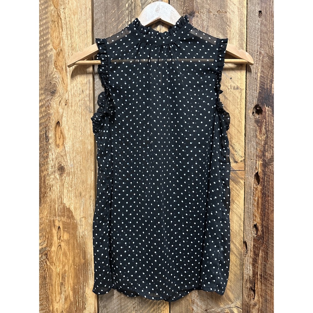 Who What Wear Polka Dot Ruffle Sleeveless Blouse XS Black White Cottagecore Chic